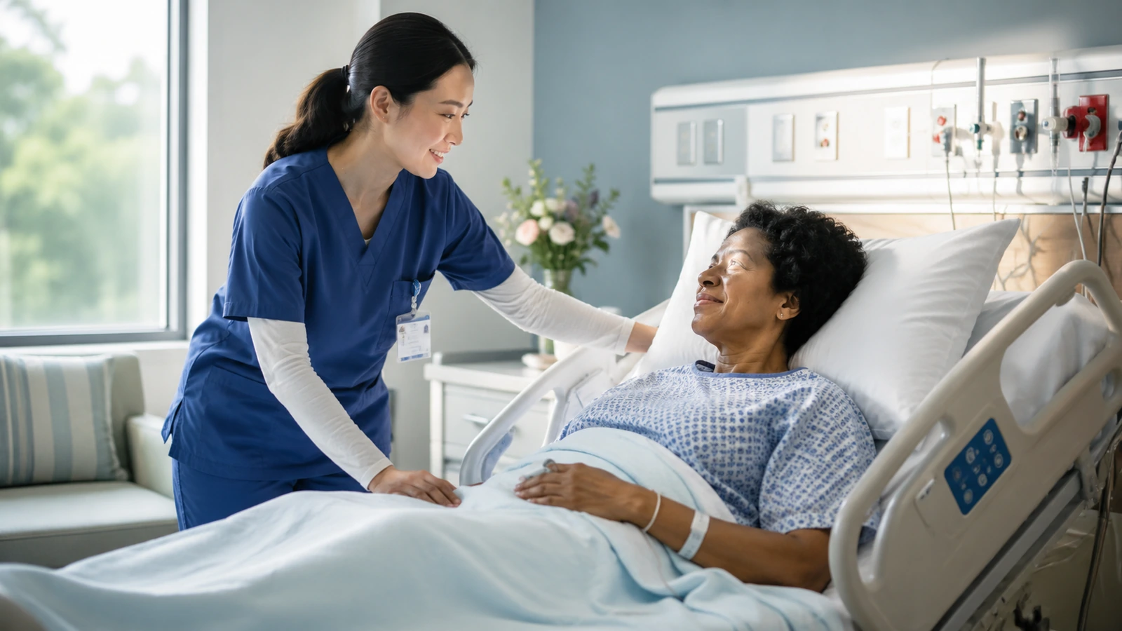 A nurse helping a smiling patient stay comfortable during recovery after surgery.