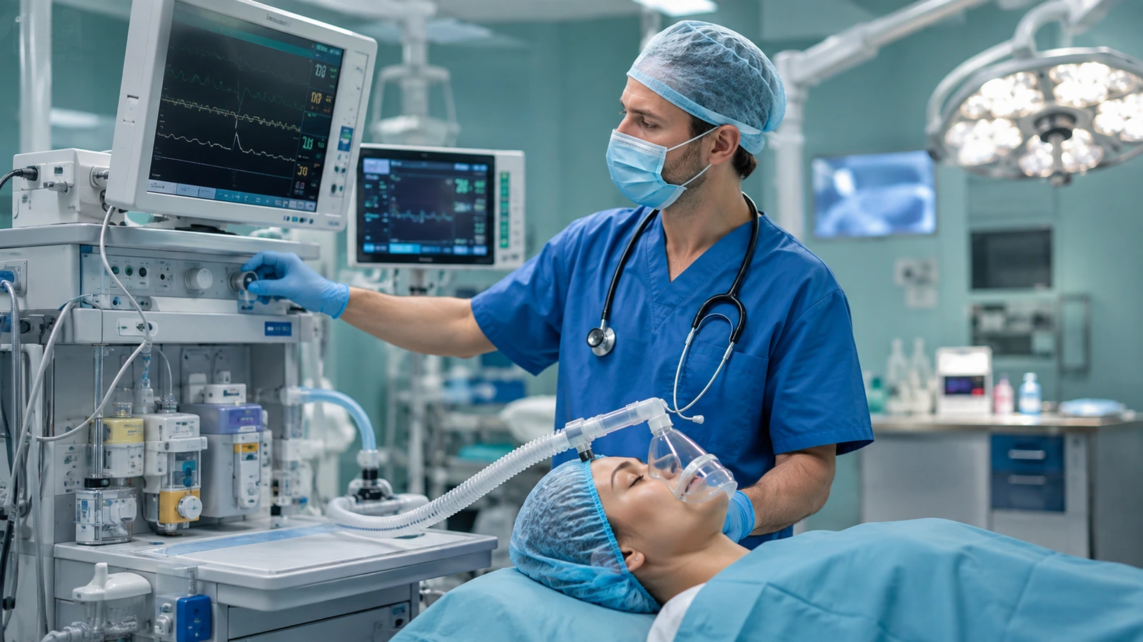 An anesthesia professional adjusting an anesthesia workstation in a bright operating room.