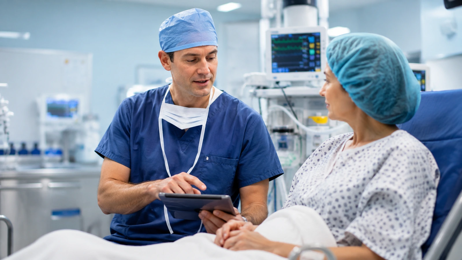 An anesthesiologist speaking reassuringly with a patient before a procedure.