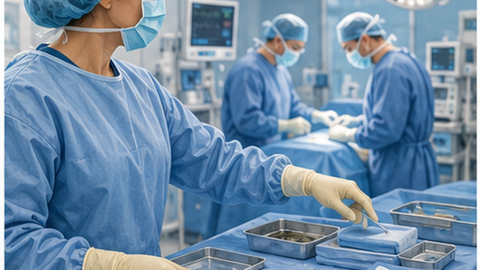 A surgical nurse preparing sterile instruments in the operating room.