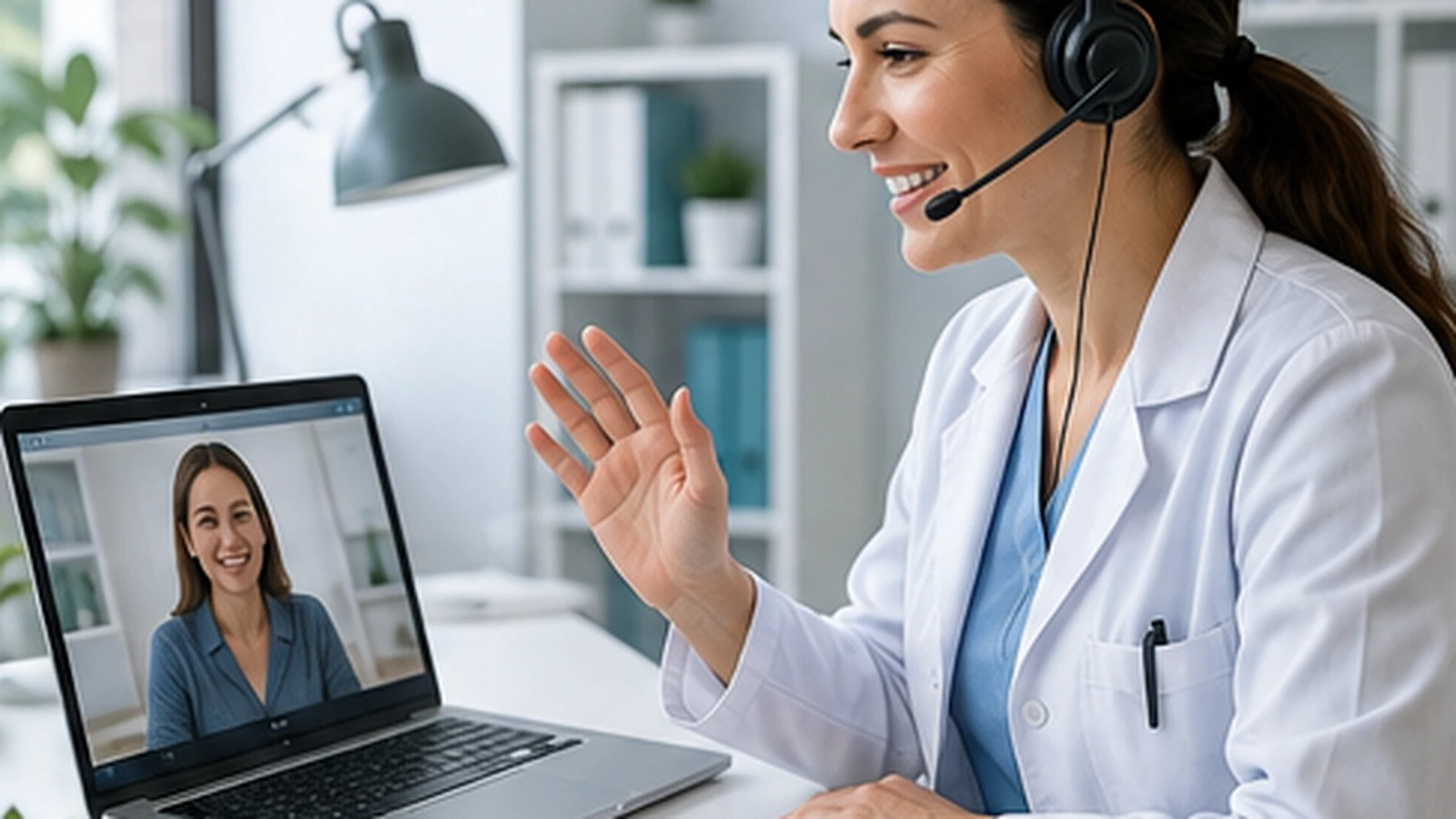 A healthcare professional using a headset during a friendly video consultation at a desk.