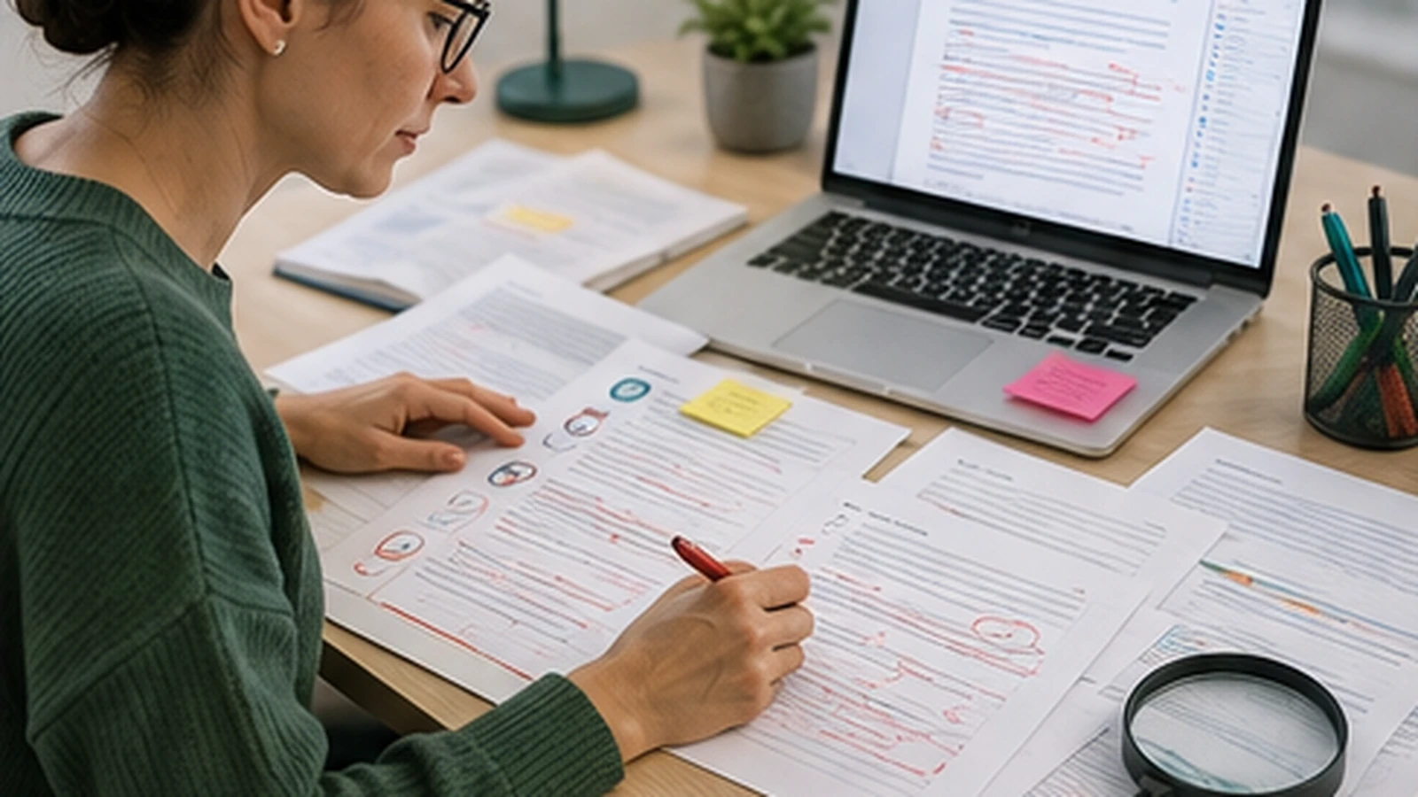 An editor reviewing marked-up healthcare documents at a desk.