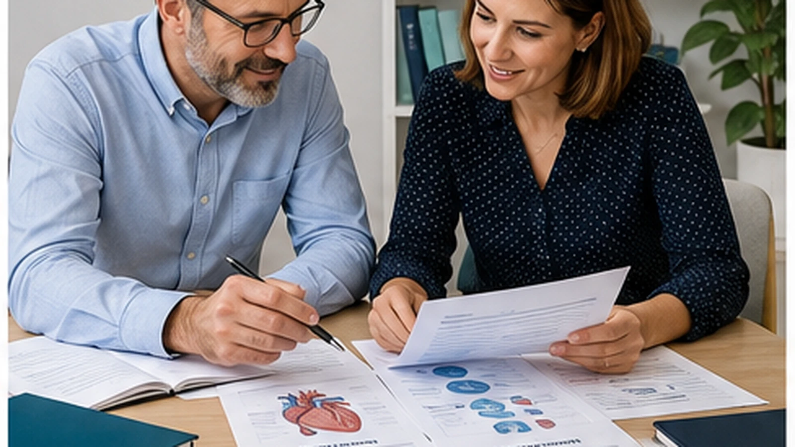 Two editors reviewing medical printouts and notes together at a desk.