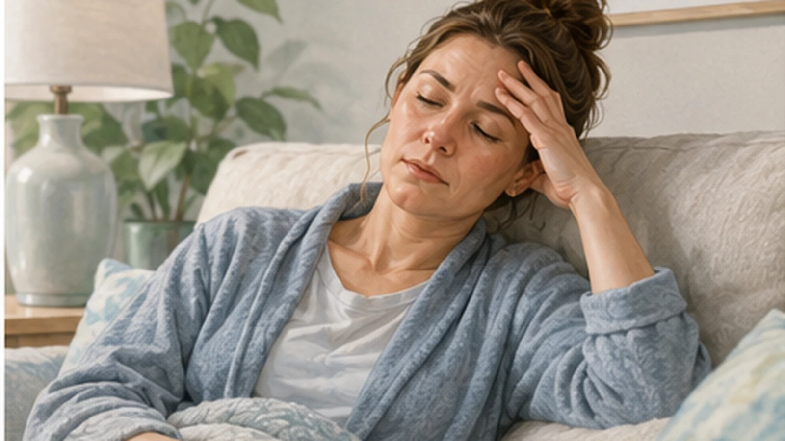 A patient resting at home and feeling tired during recovery after surgery.