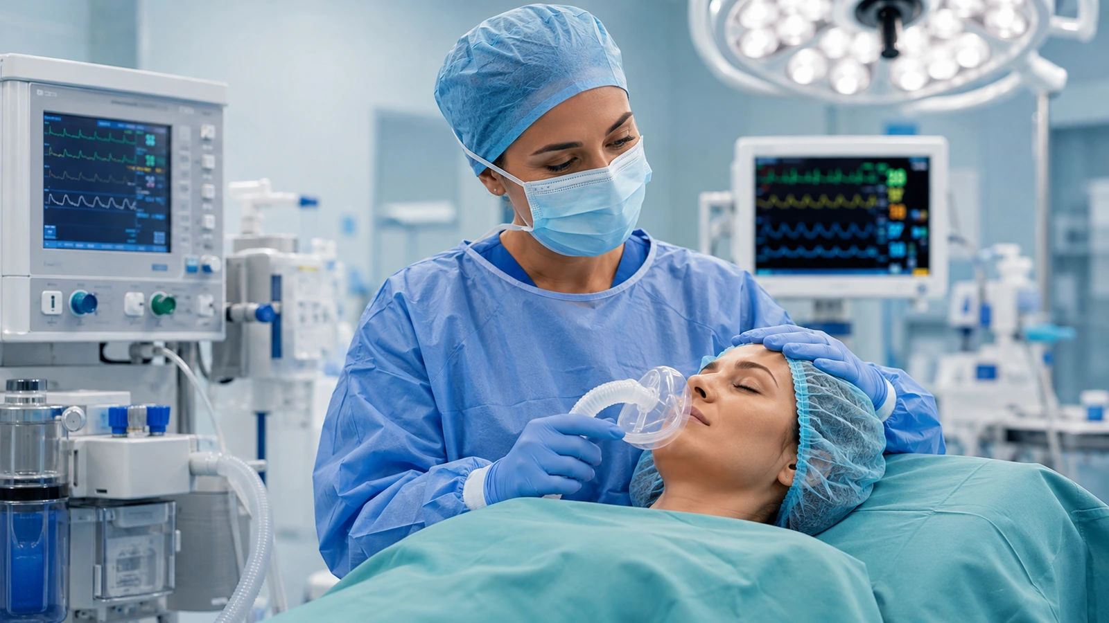 An anesthesia professional holding a breathing mask while caring for a patient in the operating room.