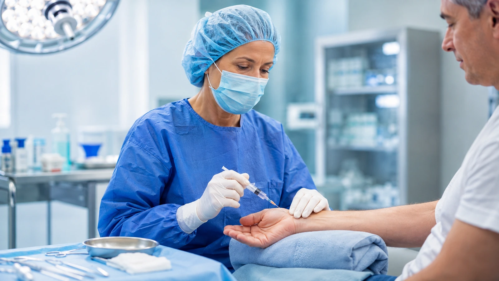 Close-up of local anesthesia being given to a patient's hand in a sterile setting.