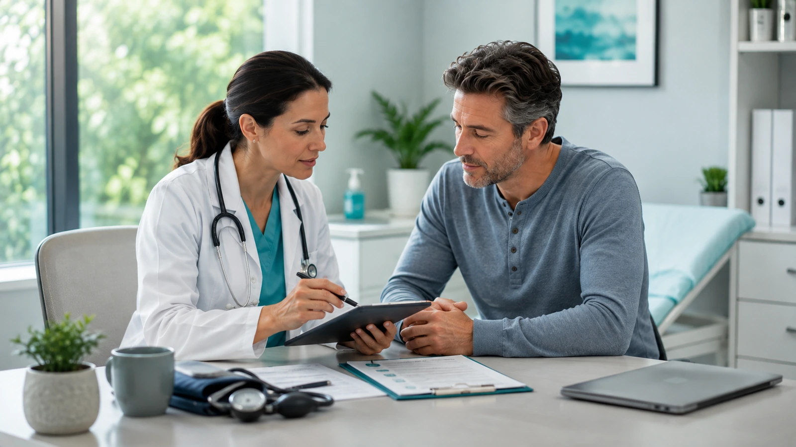 A doctor reviewing medical results and forms with a patient during surgical clearance.