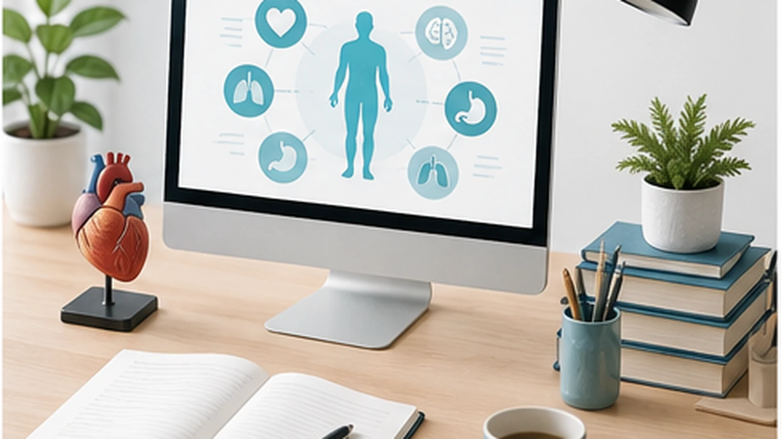 A clean medical education workspace with a monitor showing simplified health graphics.