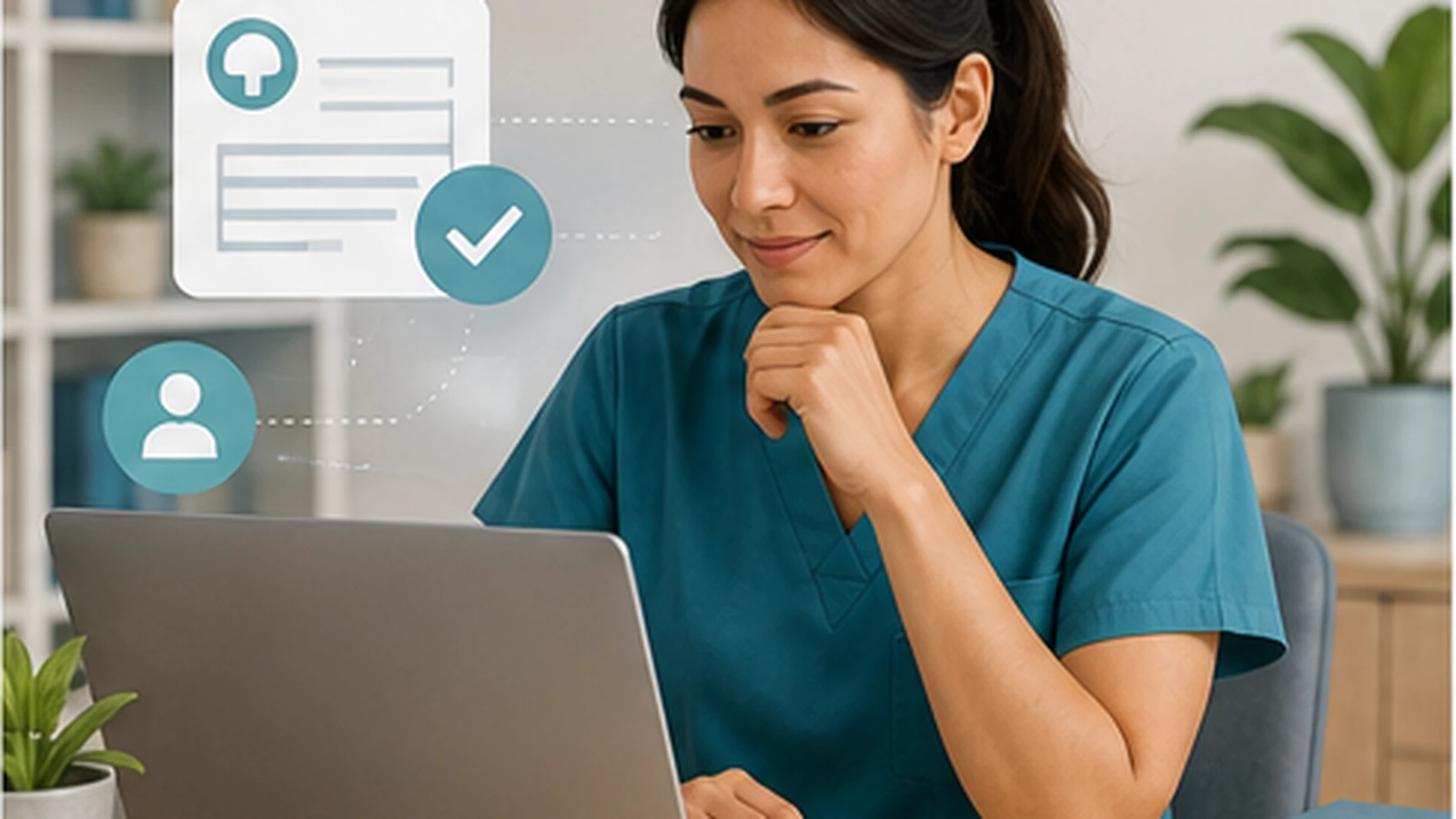A clinician reviewing medical content on a laptop with approval and verification icons.
