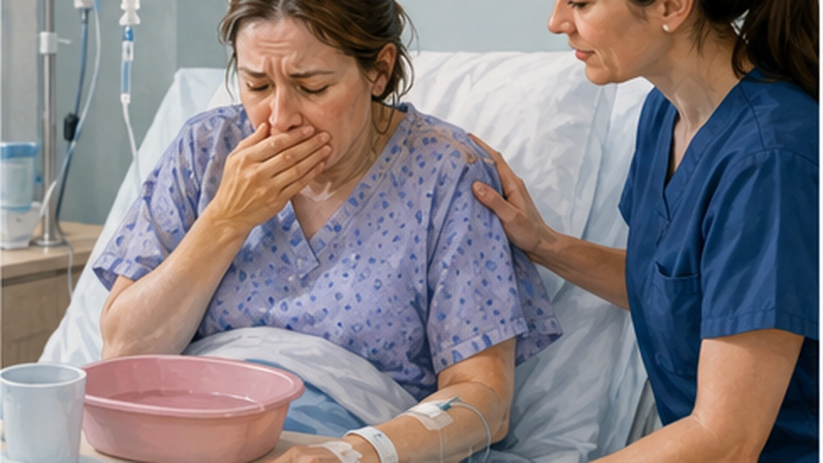A nurse comforting a patient experiencing nausea after surgery.