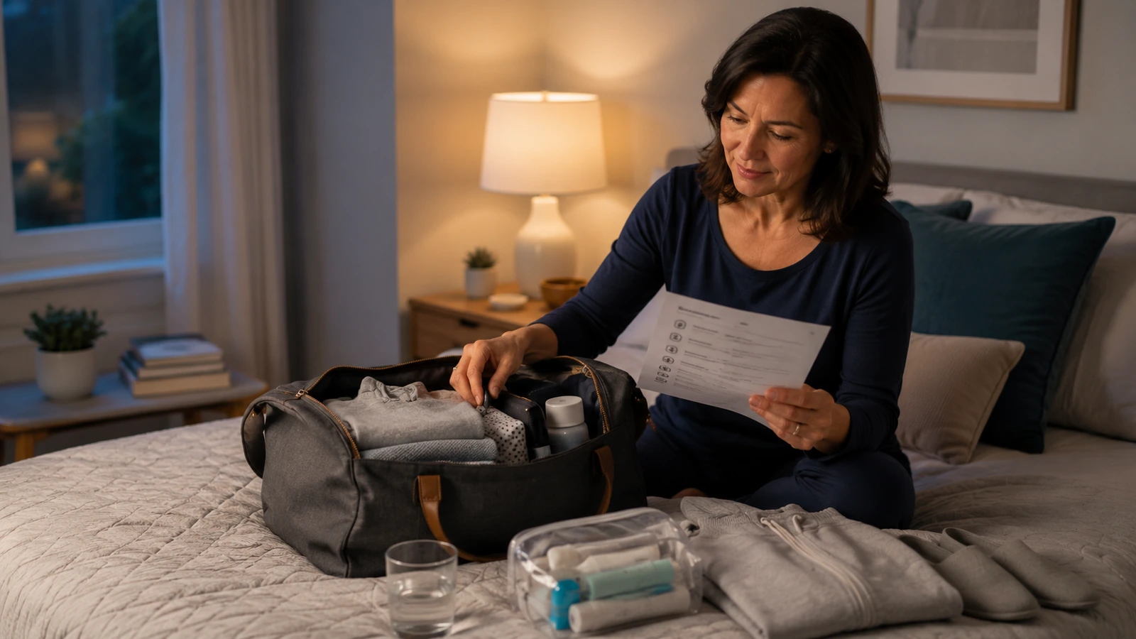 A patient packing a bag and reviewing a checklist the night before surgery.