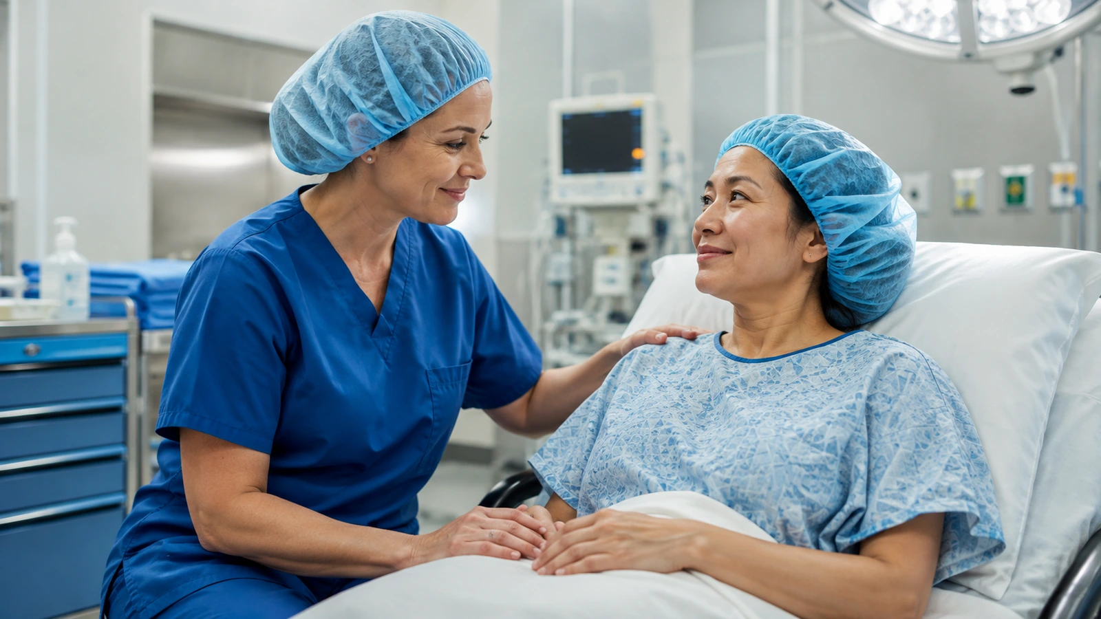 A perioperative nurse offering reassuring bedside support to a patient before surgery.