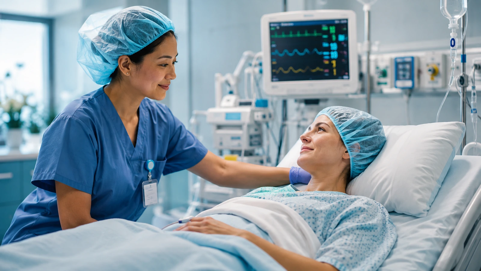 A patient being monitored in the PACU while a nurse provides attentive care.