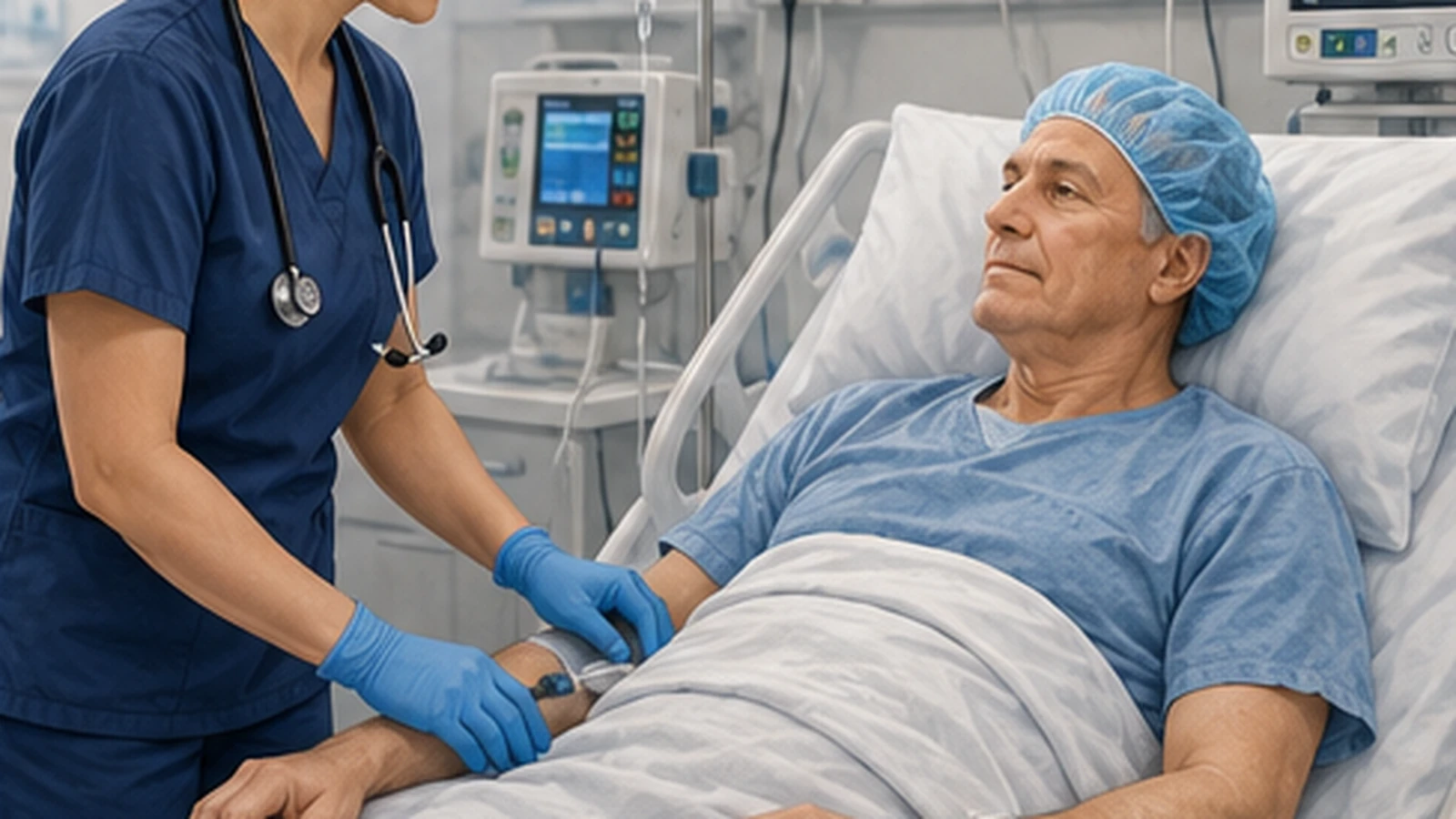 A PACU nurse monitoring and comforting a recovering patient at the bedside.
