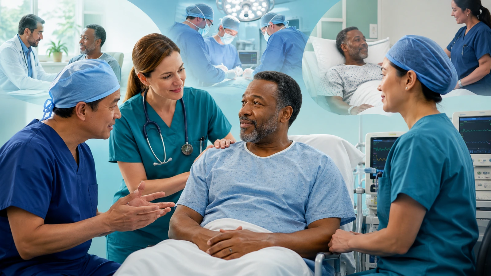 A multidisciplinary perioperative team discussing care with a patient at the bedside.