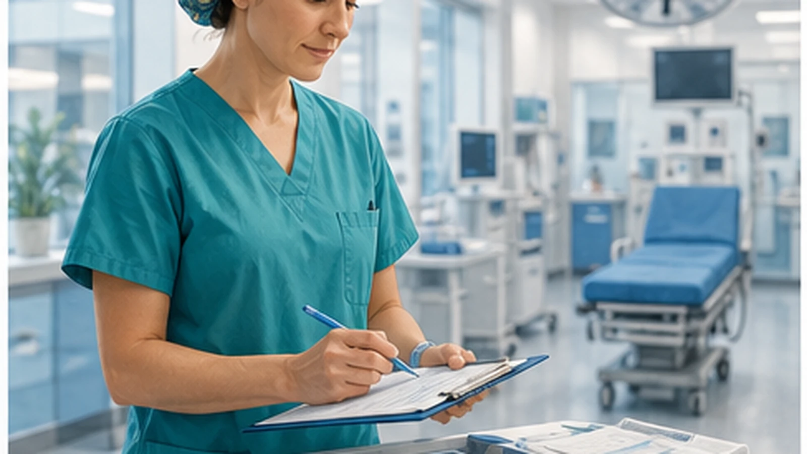 A perioperative nurse documenting care beside a supply cart in a hospital corridor.