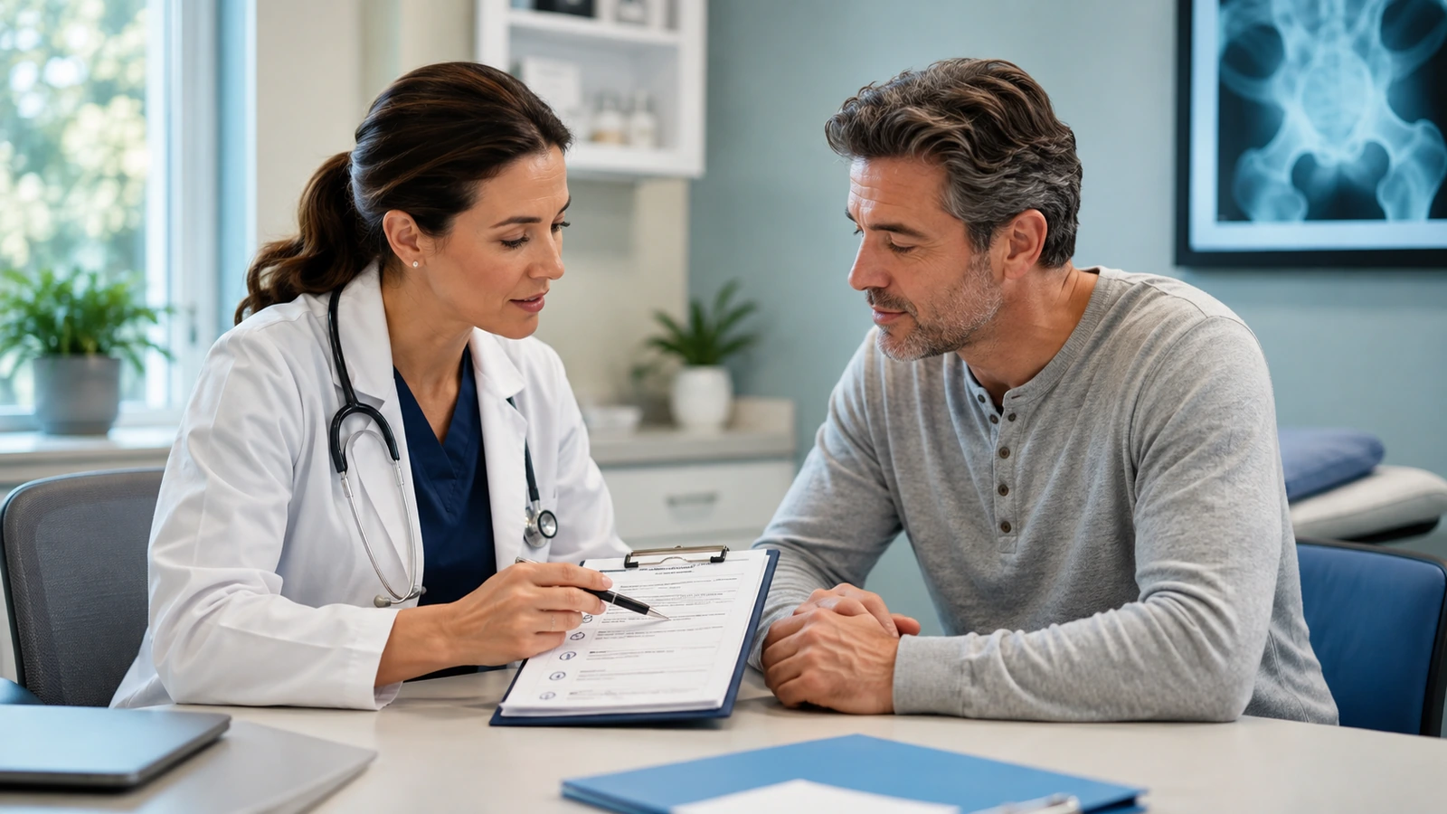A doctor speaking with a patient during a pre-op appointment in a medical office.