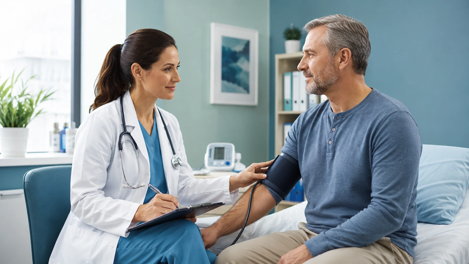 A clinician checking blood pressure during a preoperative assessment visit.