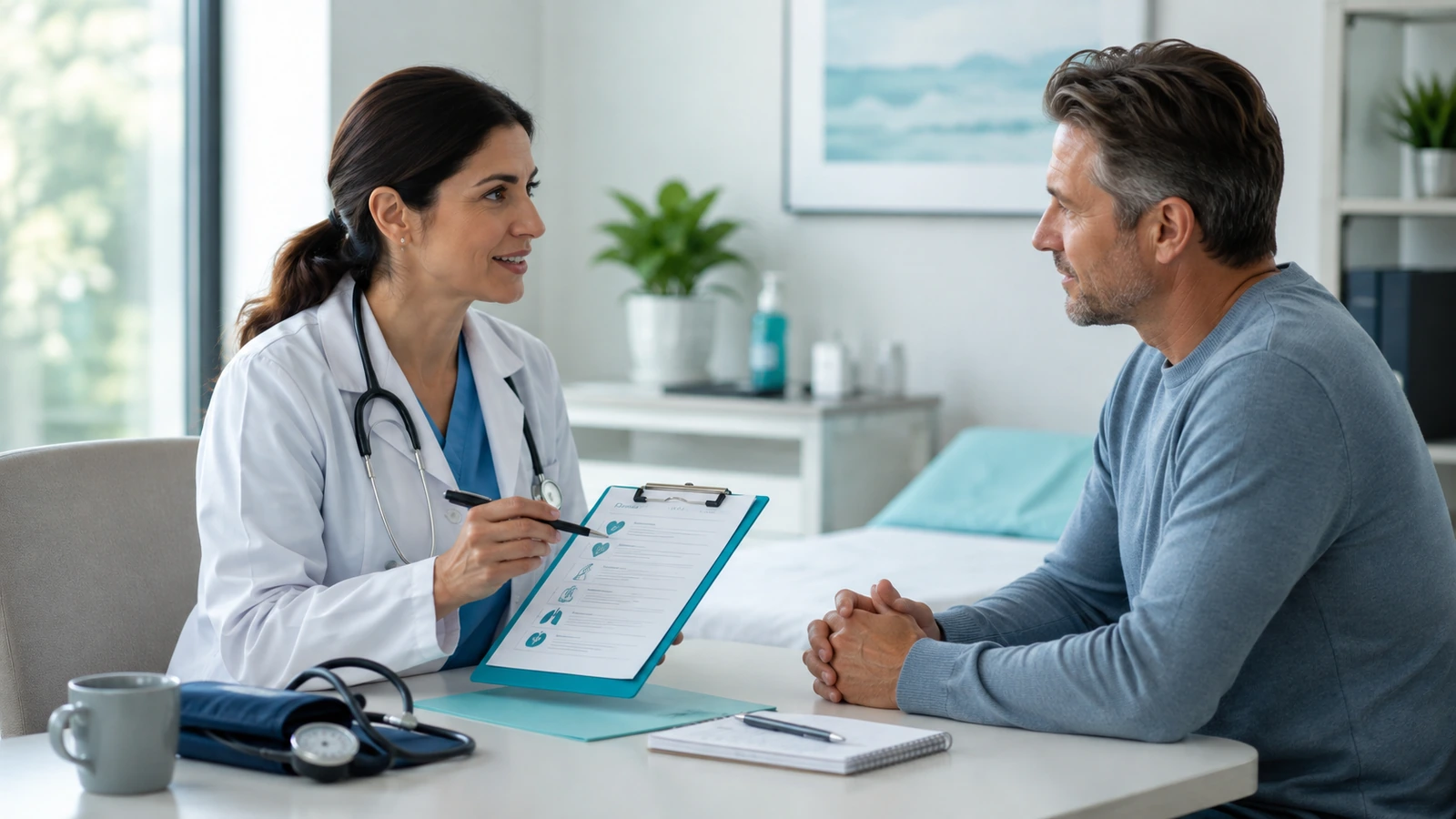 A doctor discussing trustworthy medical information with a patient during a preoperative consultation.