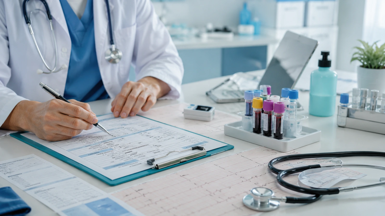 Preoperative testing materials including blood tubes, an ECG strip, and patient forms.