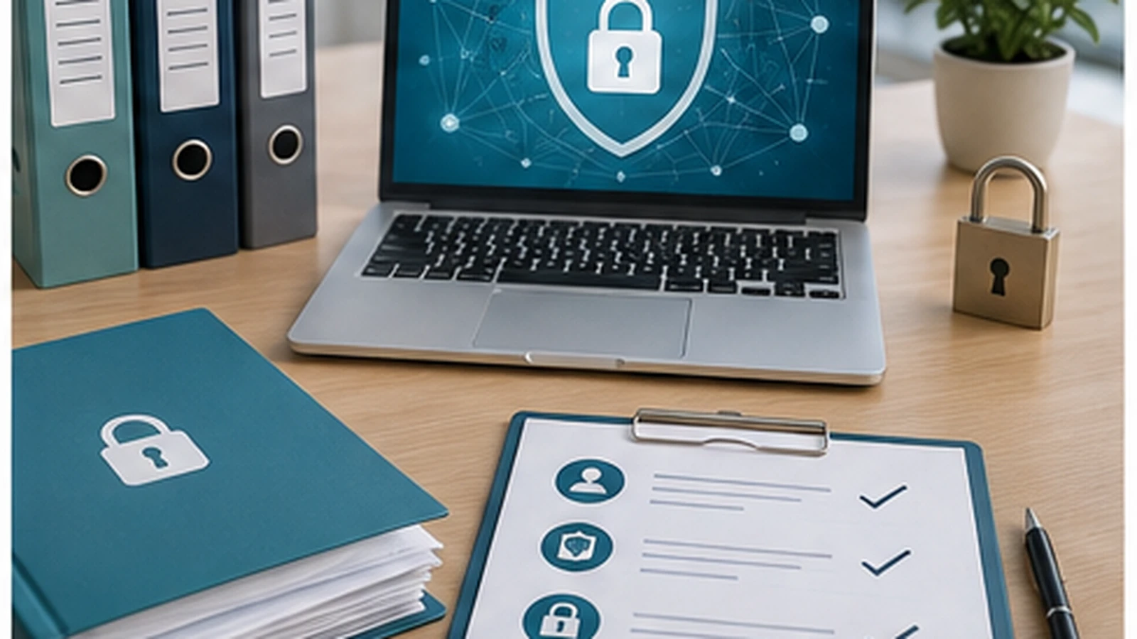 A secure medical information workspace with a privacy shield displayed on a laptop.