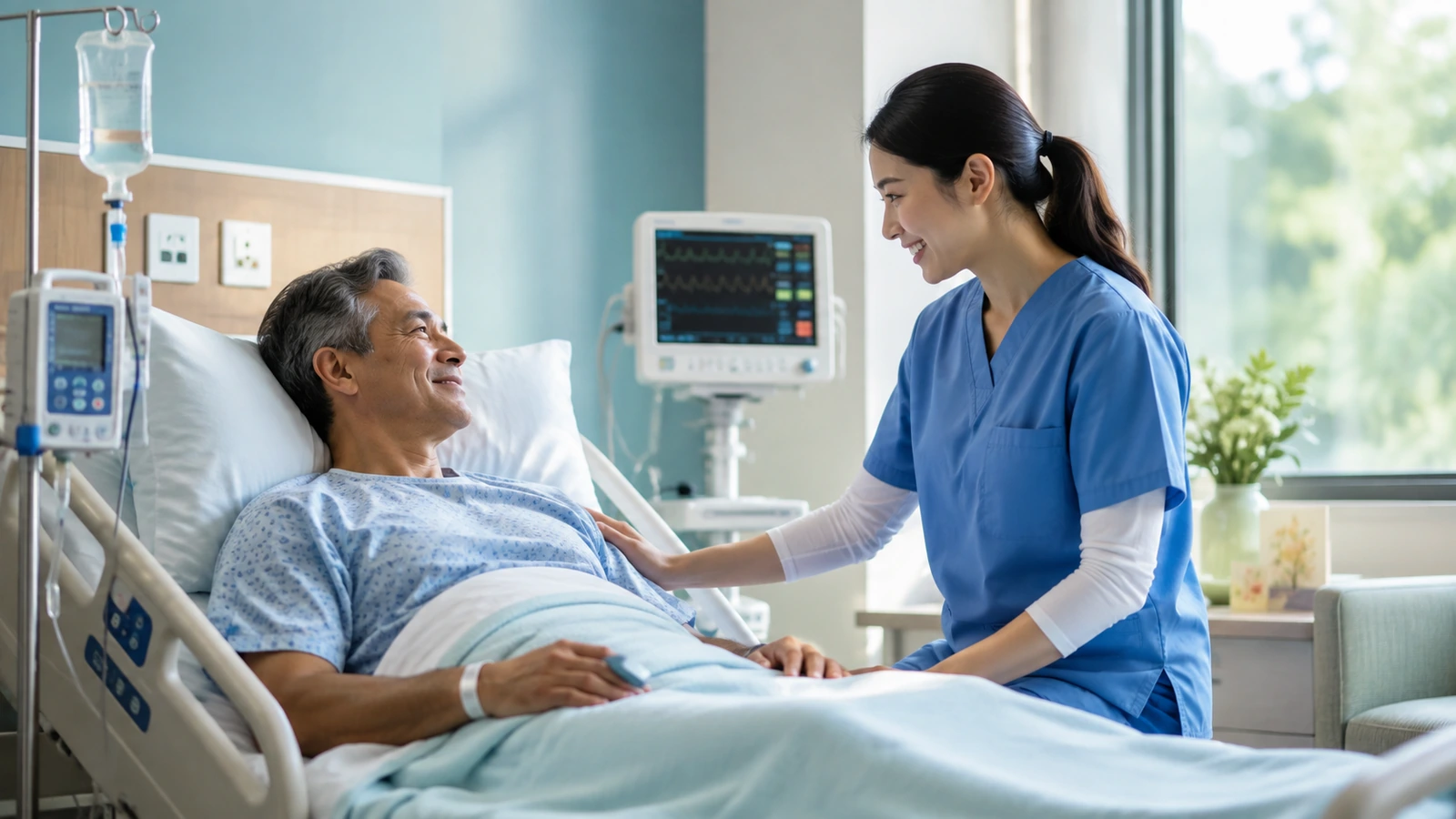 A clinician checking on a patient in bed during early postoperative recovery.