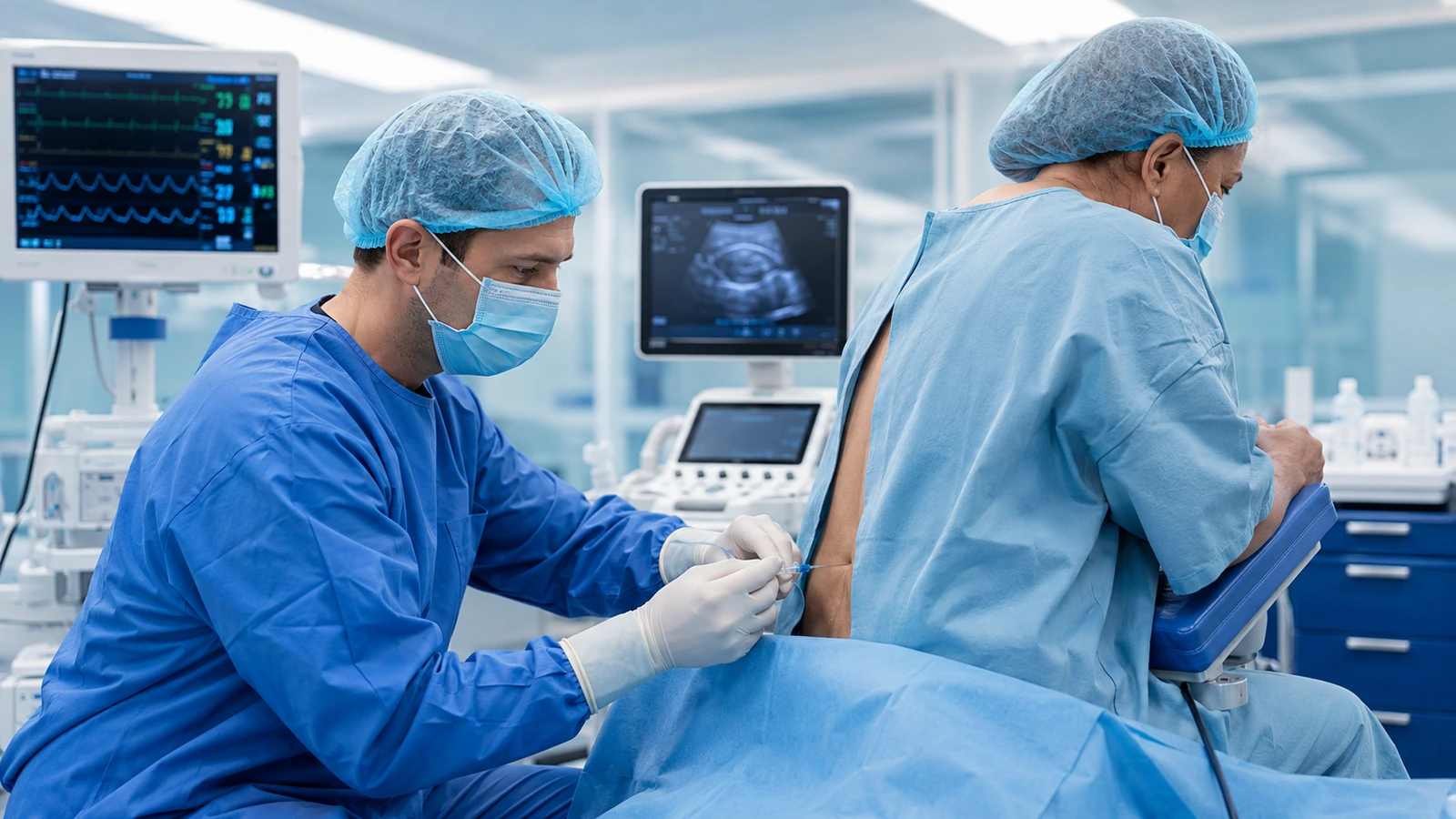 A clinician preparing regional anesthesia at a patient's lower back in a clinical setting.