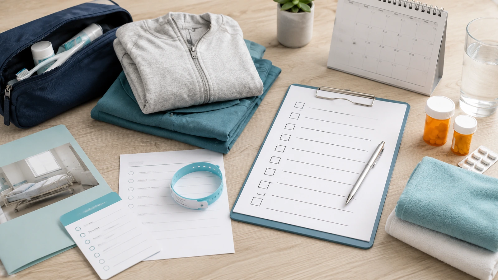 A surgery preparation checklist on a clipboard with organized icons and check marks.