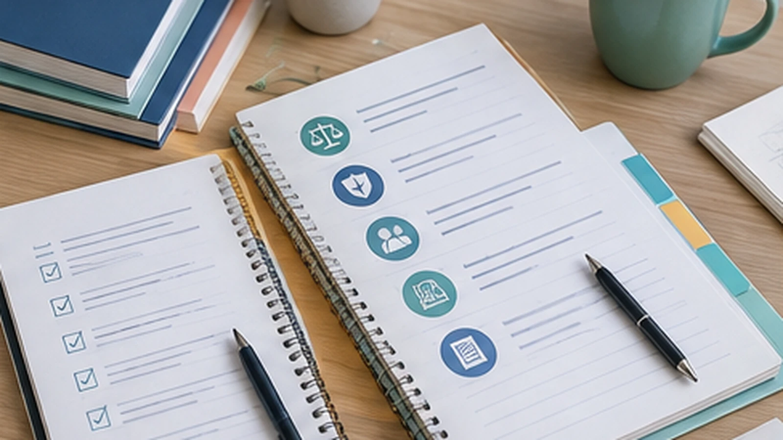 A clean policy workspace with notebooks, icons, and checklists on a desk.