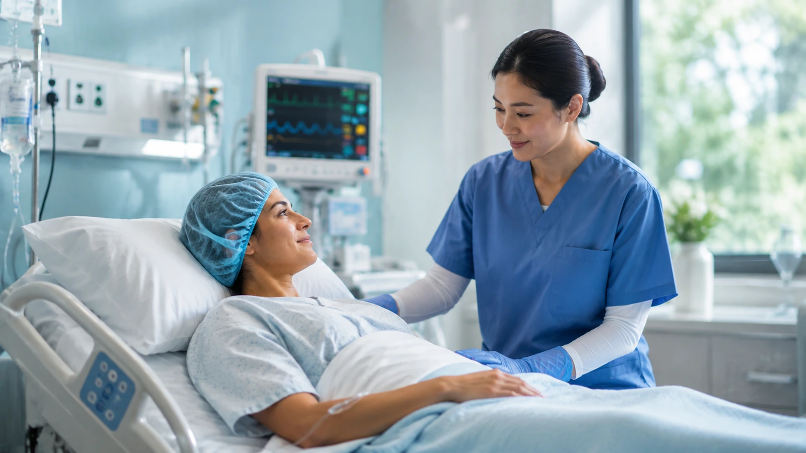 A patient waking up comfortably from anesthesia while a nurse offers reassurance.