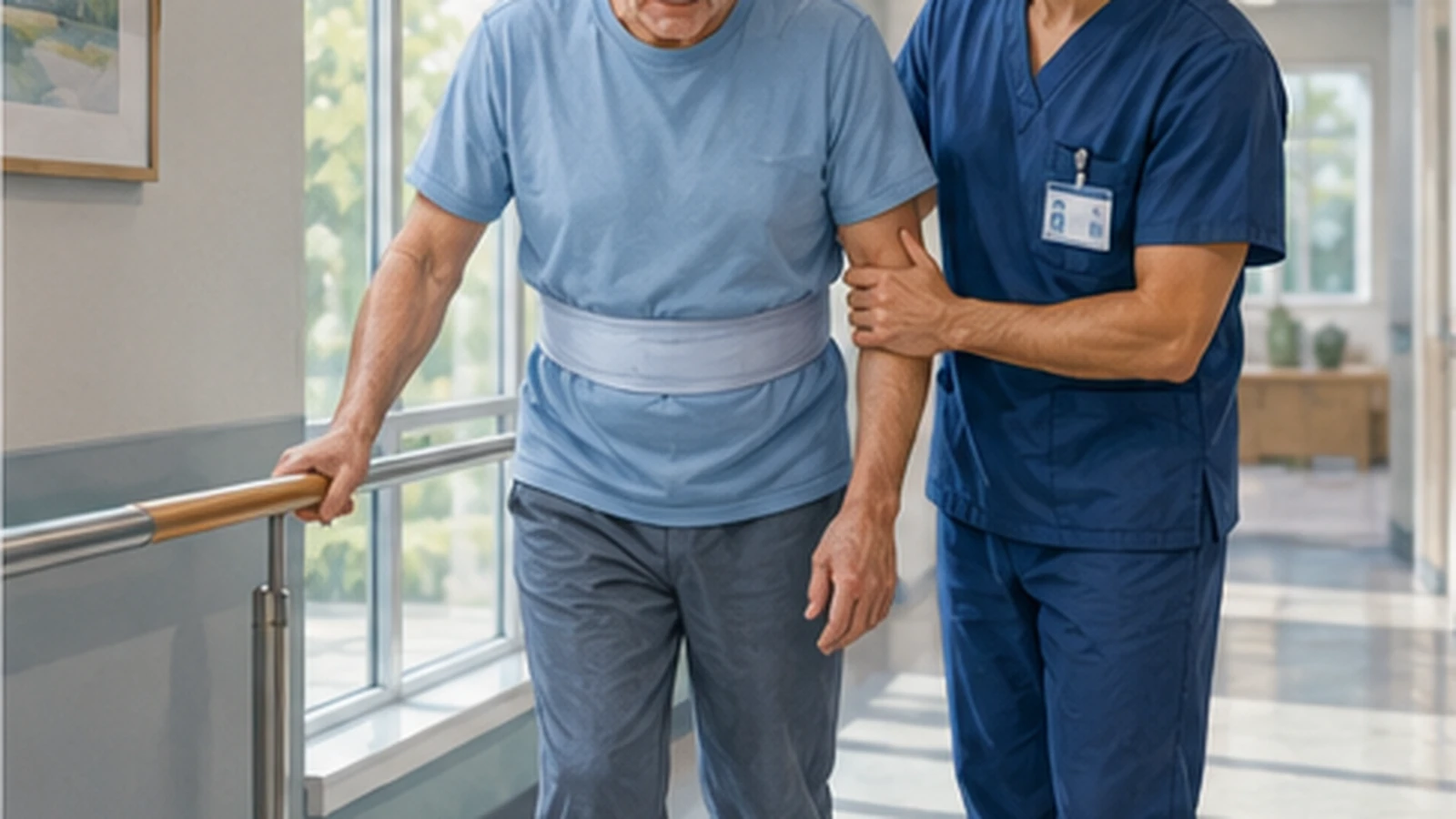 A clinician supporting an older patient while walking in a hospital hallway after surgery.