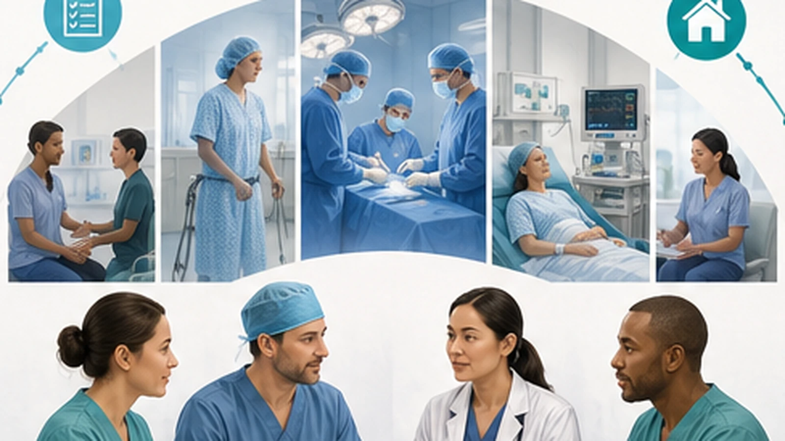An illustrated perioperative care pathway showing care from preparation through recovery.