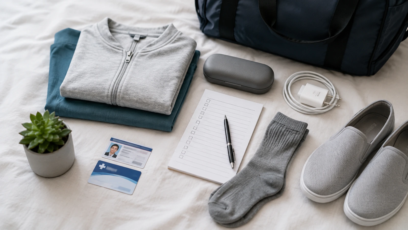 Essential items to bring to surgery arranged neatly on a tabletop.